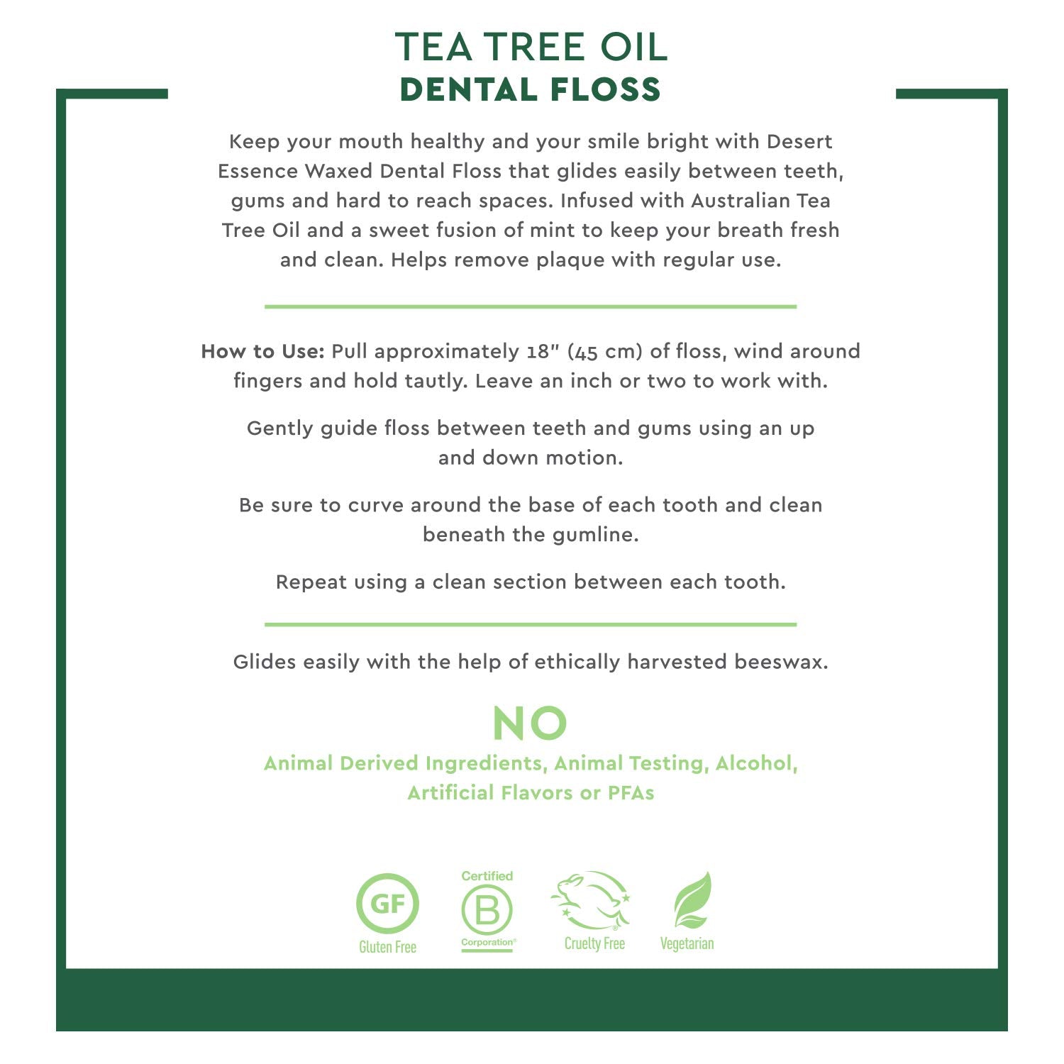 Tea tree oil mint scented dental floss label