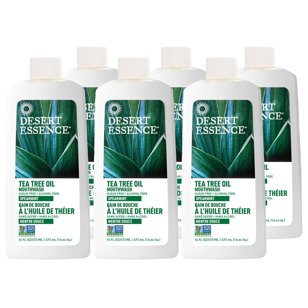 Front view of Desert Essence Tea Tree Oil Mouthwash 16 oz pack of 6