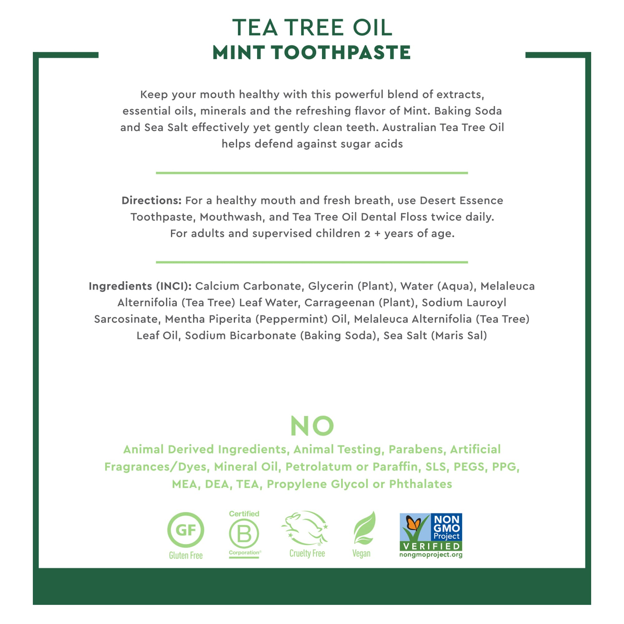 Back view of Desert Essence Tea Tree Oil Toothpaste packaging