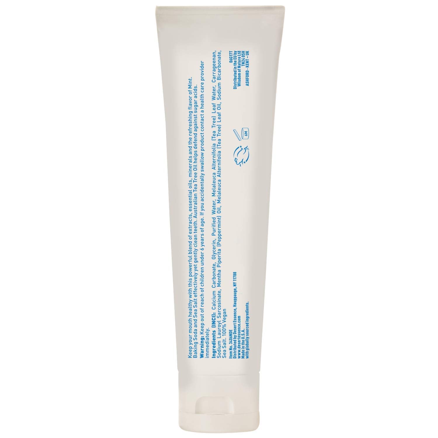 Close-up of Desert Essence Tea Tree Toothpaste mint flavor tube