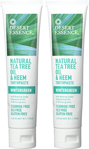 Front label highlighting fluoride-free and gluten-free on Desert Essence toothpaste
