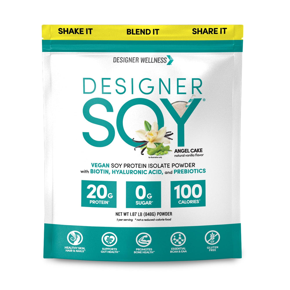 Designer Wellness Angel Cake Vanilla powder tub provides 20g plant-based protein per serving