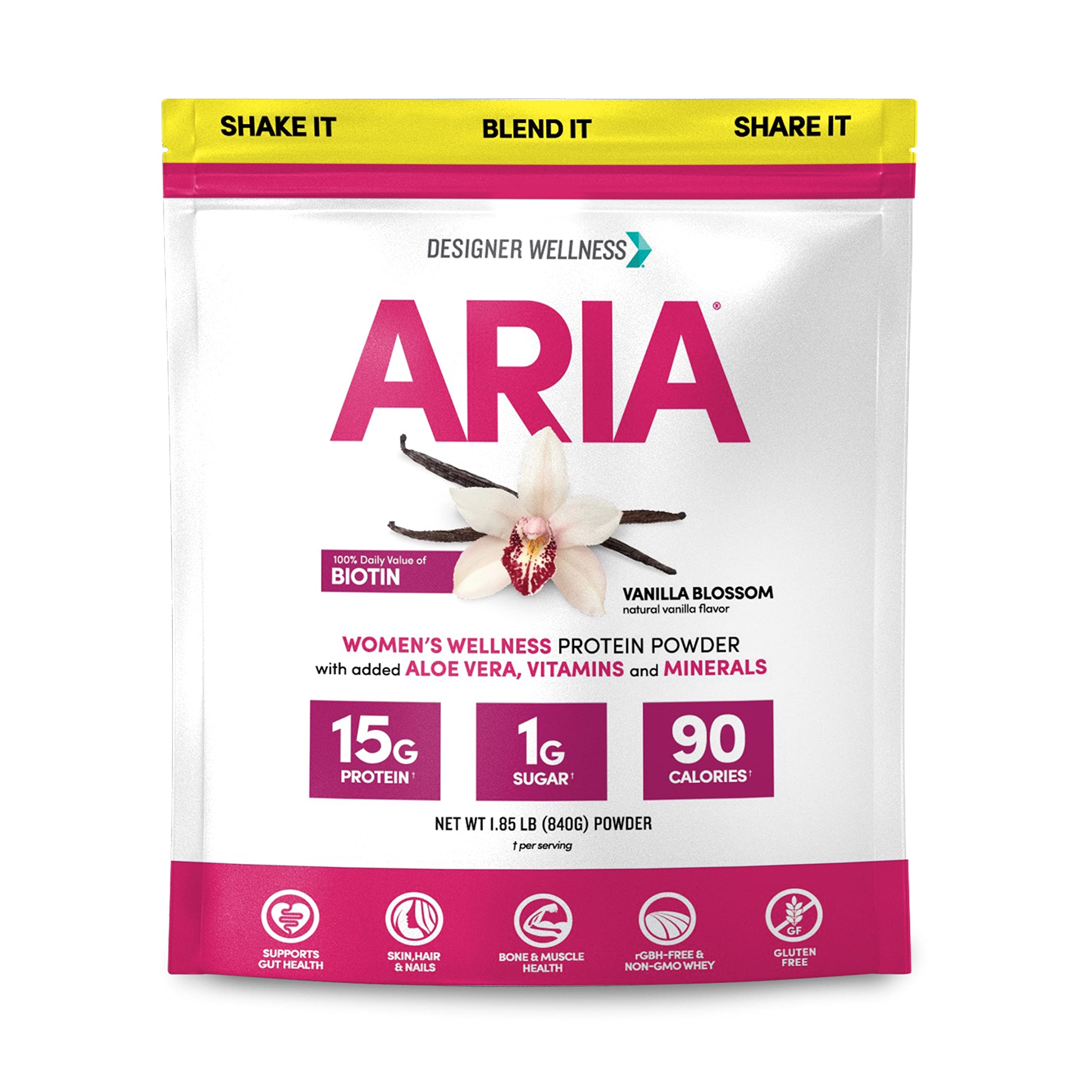 Designer Wellness Aria vanilla blossom protein bottle shows low-calorie women's nutrition.