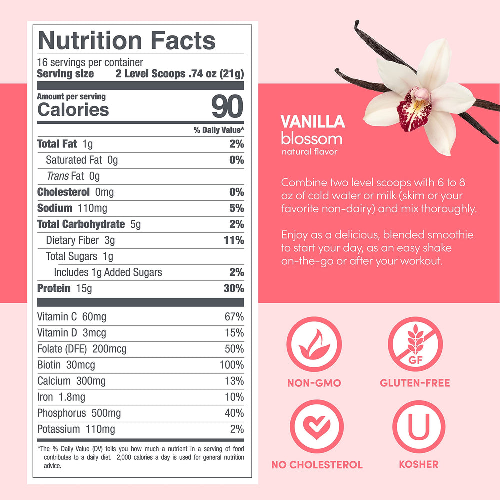 Designer Wellness Aria vanilla blossom shake image suggests tasty low-calorie protein option.
