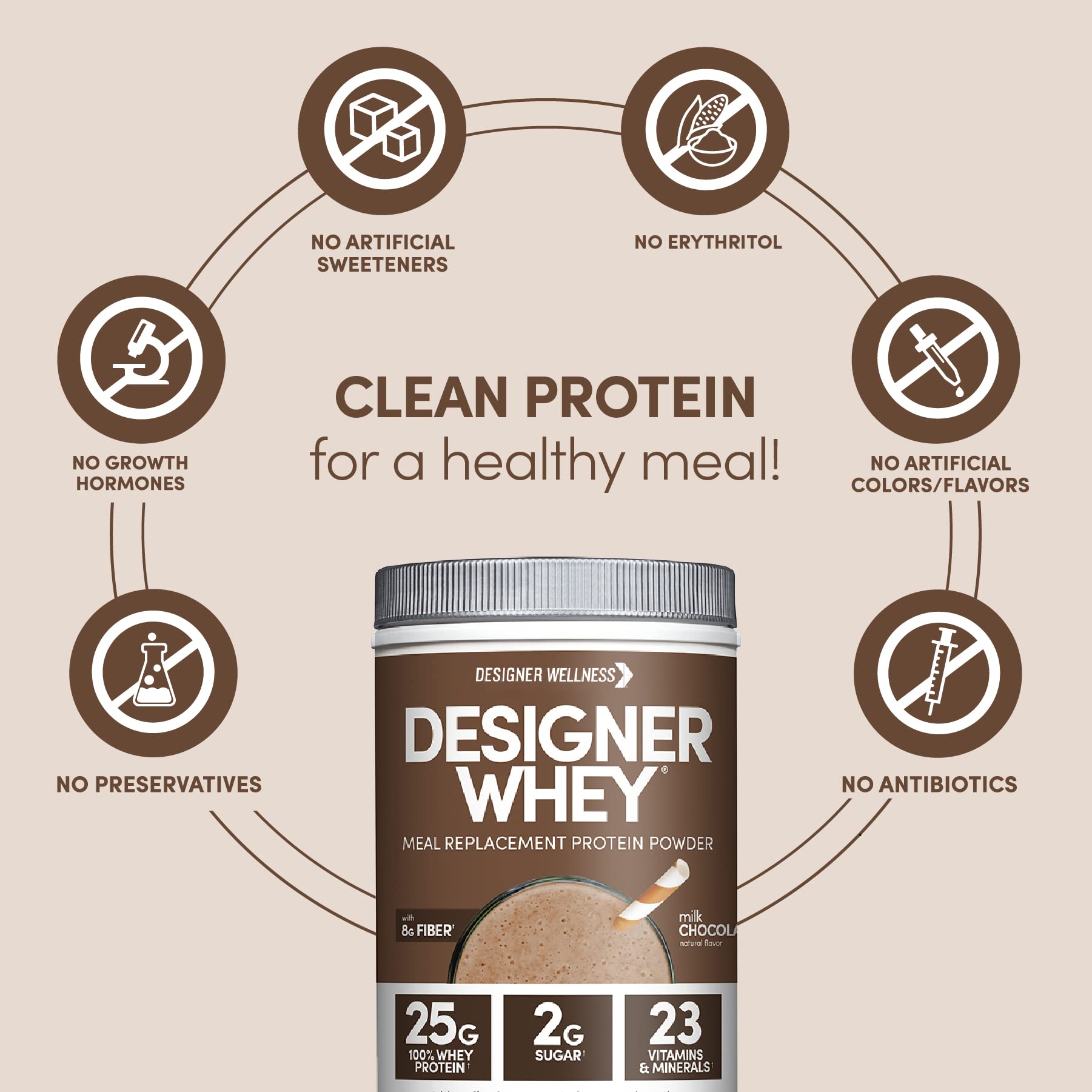 Designer Wellness gluten-free and kosher label with no artificial flavors, colors, sweeteners, or preservatives.