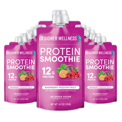 Designer Wellness Protein Smoothie Raspberry Passion Fruit pouch with fruit imagery