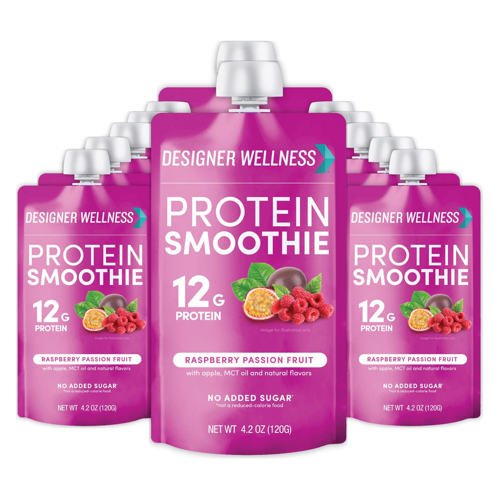 Front view of Designer Wellness Protein Smoothie Raspberry Passion Fruit pouch