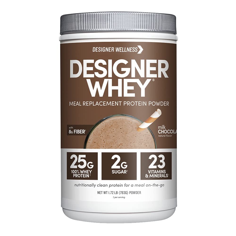 Designer Wellness whey meal replacement milk chocolate powder ready to mix for a protein-packed shake.