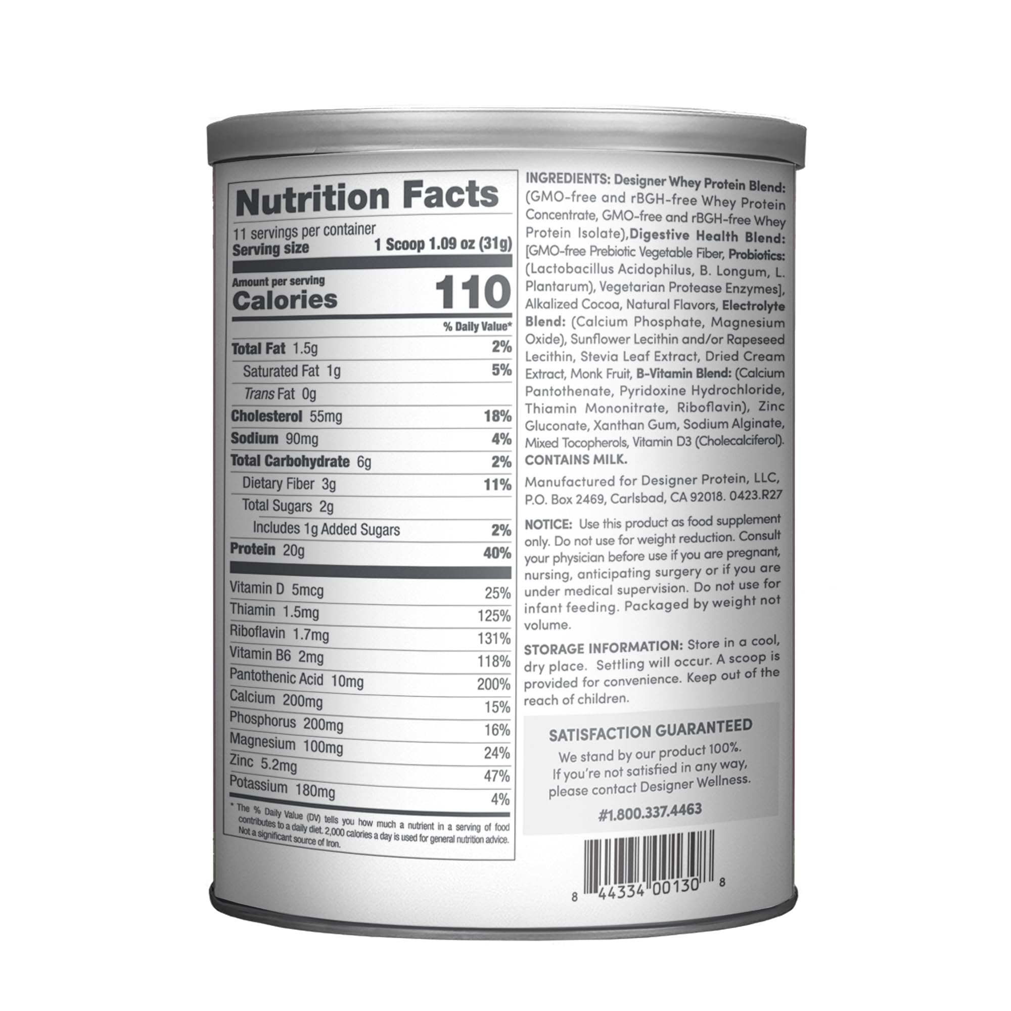 Designer Whey Gourmet Chocolate 12oz back label with nutrition