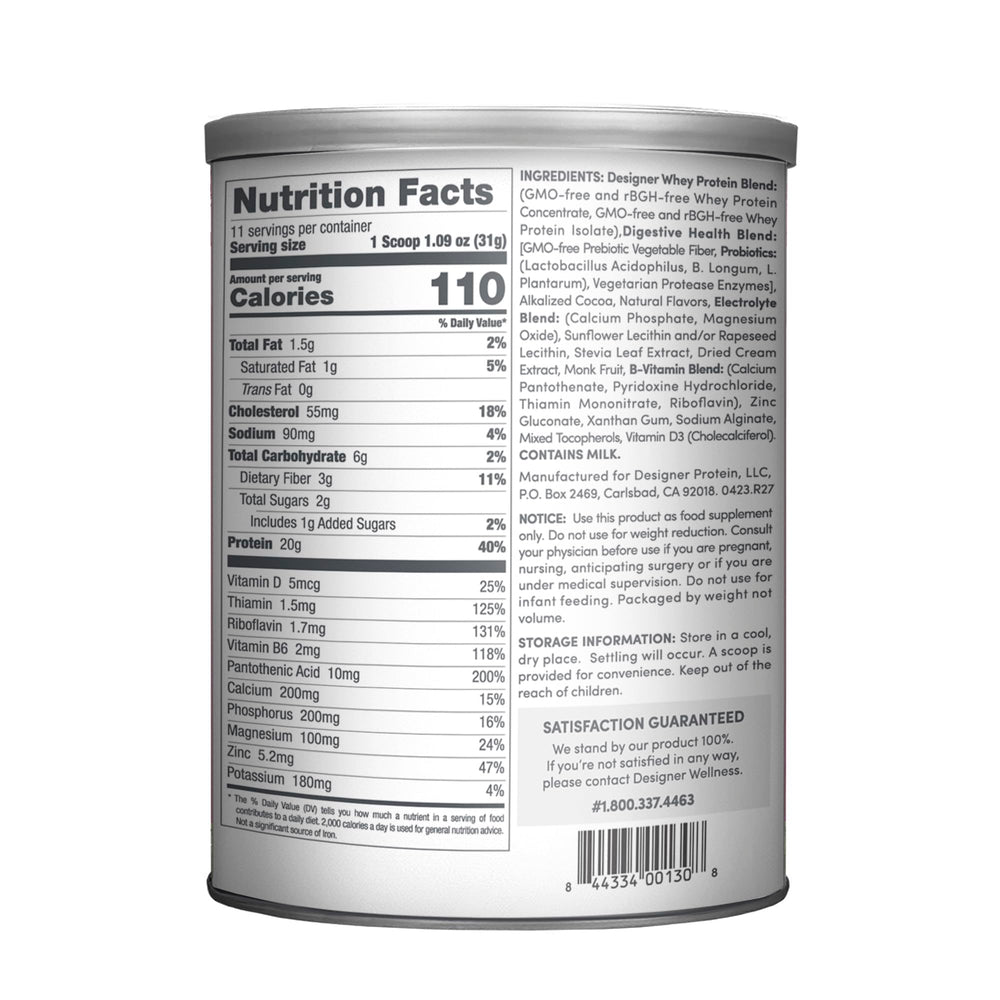 Designer Whey Gourmet Chocolate 12oz back label with nutrition