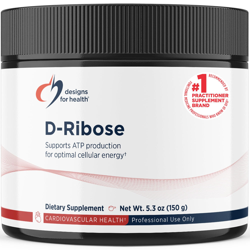 Designs for Health D-Ribose Powder tub closeup showing pure energy-support formula