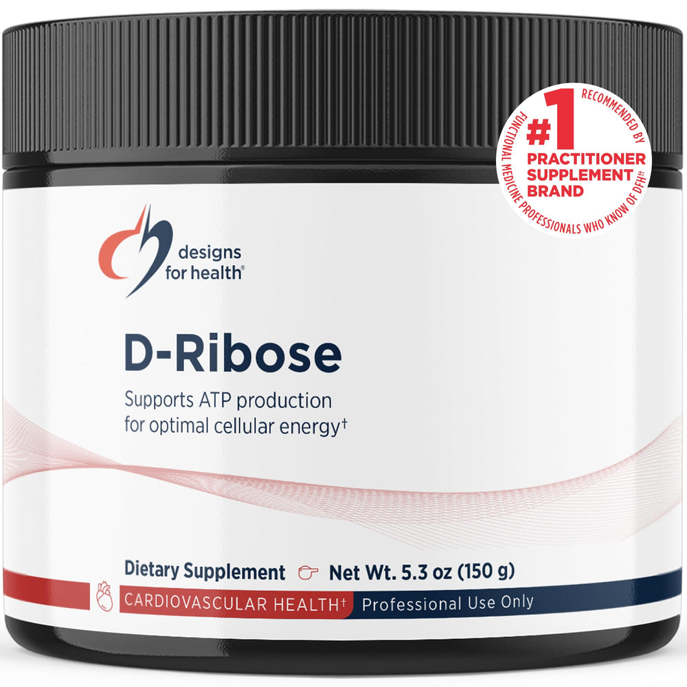 Designs for Health D-Ribose Powder tub closeup showing pure energy-support formula