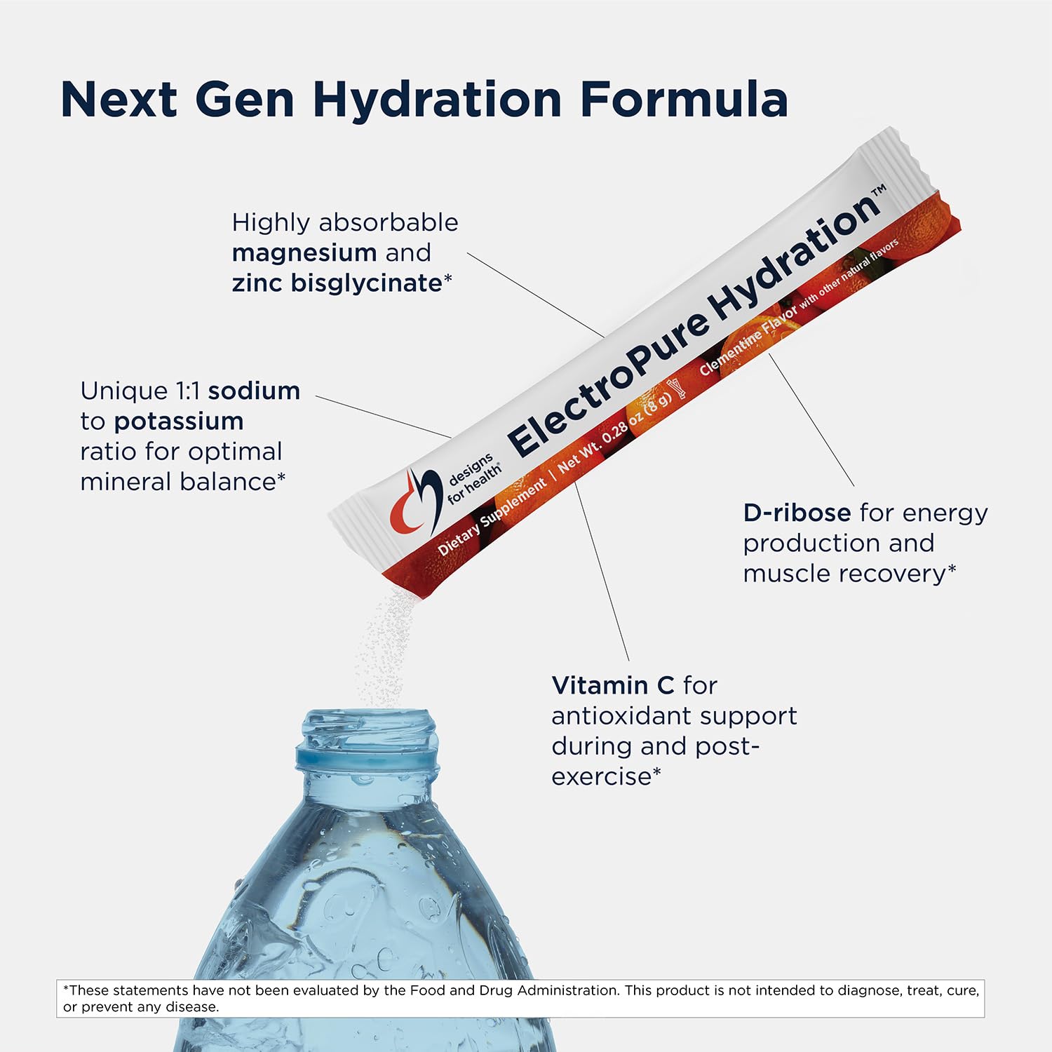 Designs for Health ElectroPure Clementine packet-closeup highlights natural sweetener and convenient stick format