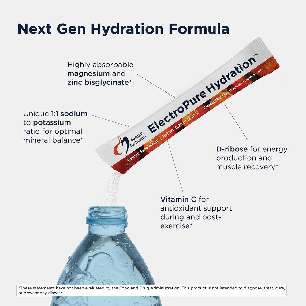 Designs for Health ElectroPure Clementine packet-closeup highlights natural sweetener and convenient stick format