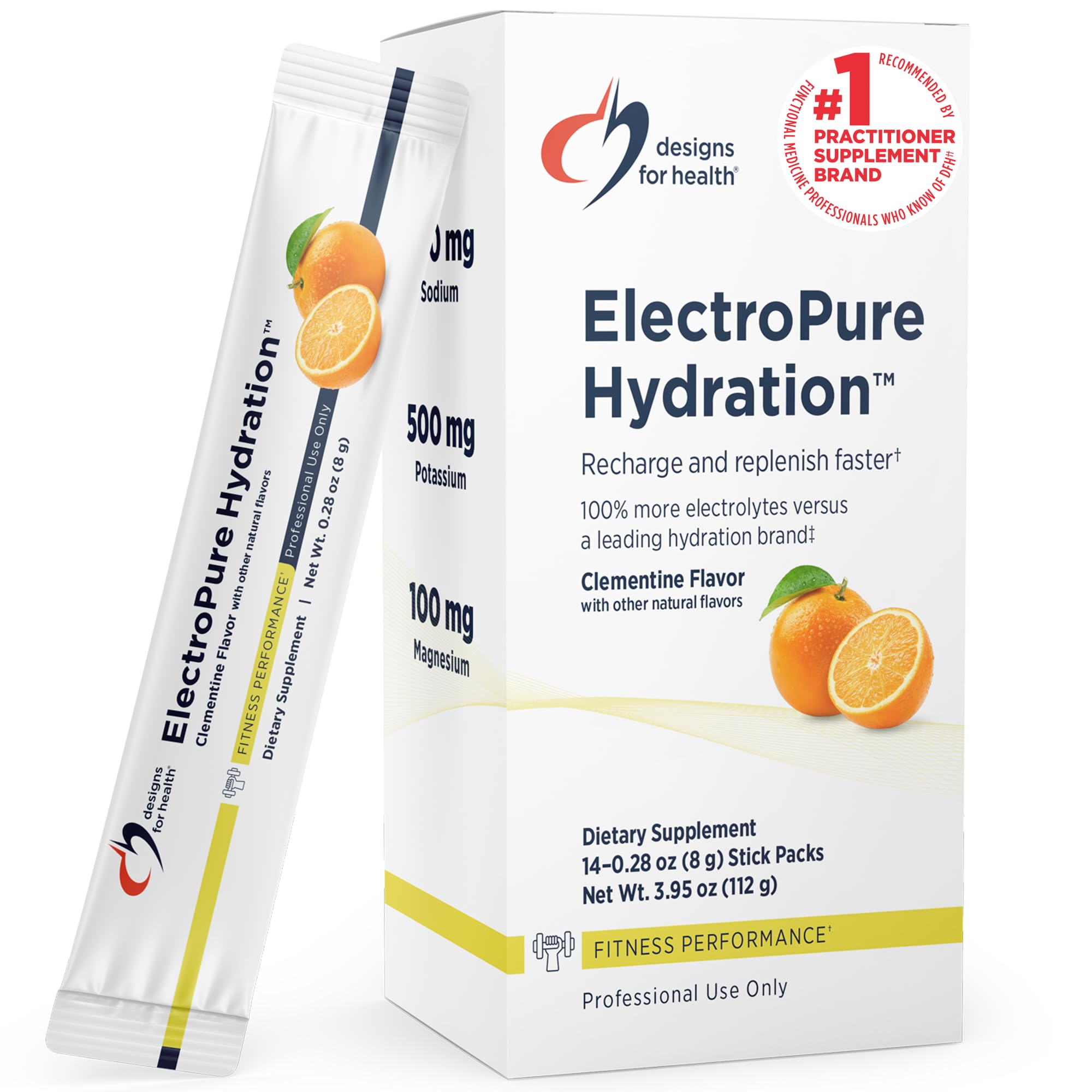 Designs for Health ElectroPure Clementine stick-front shows refreshing hydration during workouts