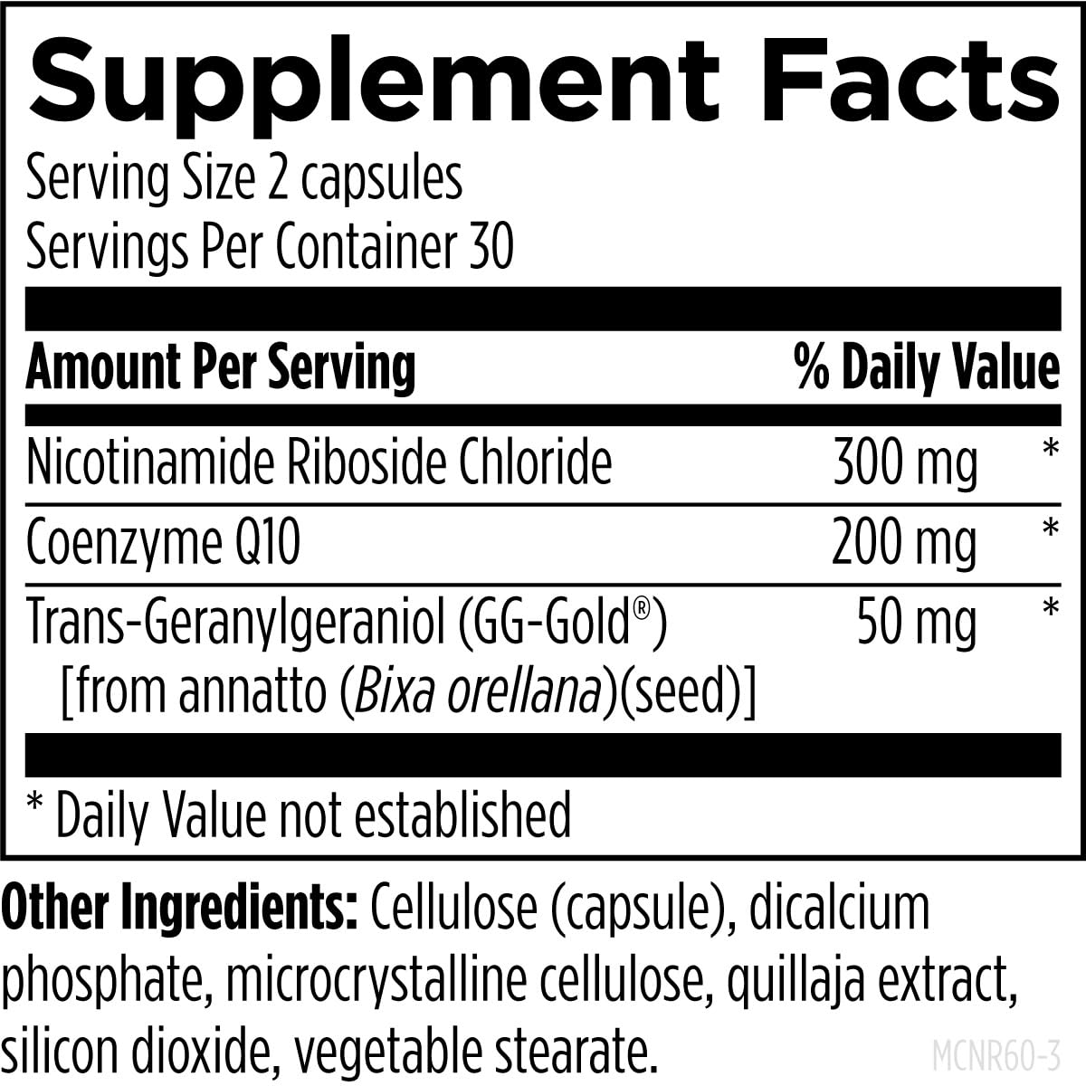 Designs for Health Mito-NR Niagen 300mg closeup notes NAD-building block for potential cellular energy.