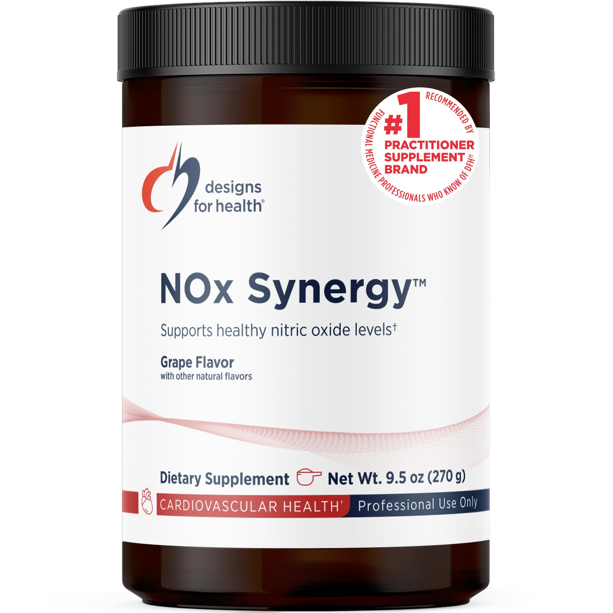 Designs for Health NOx Synergy tub with grape powder front for nitric oxide support.