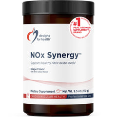 Designs for Health NOx Synergy tub with grape powder front for nitric oxide support.
