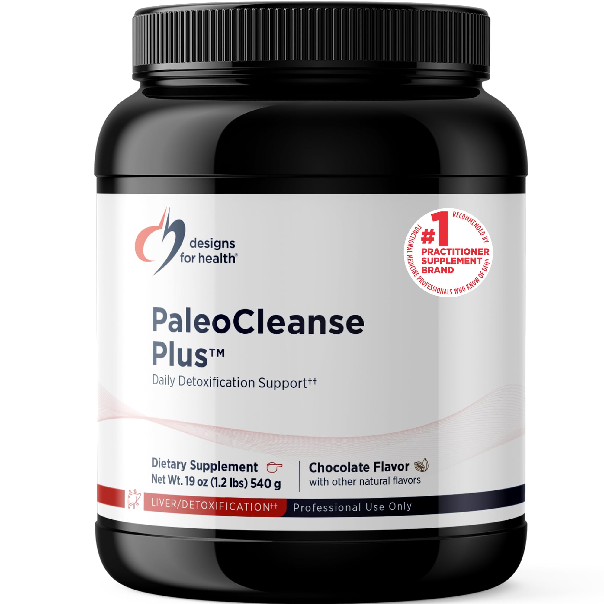 Designs for Health PaleoCleanse Plus chocolate bottle promoting detox-friendly nutrition