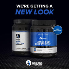 Designs for Sport beef protein powder chocolate tub close-up for post-workout flavor