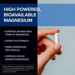 Close-up of magnesium bisglycinate capsules indicating elemental magnesium content