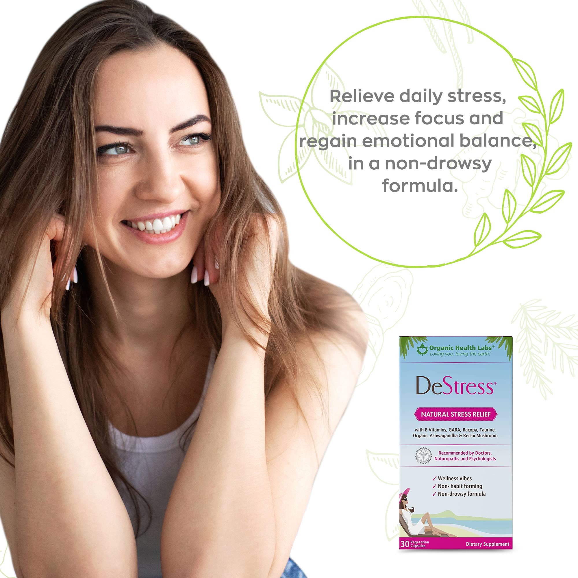 Bottle and label of DeStress All-Natural Veggie Capsules