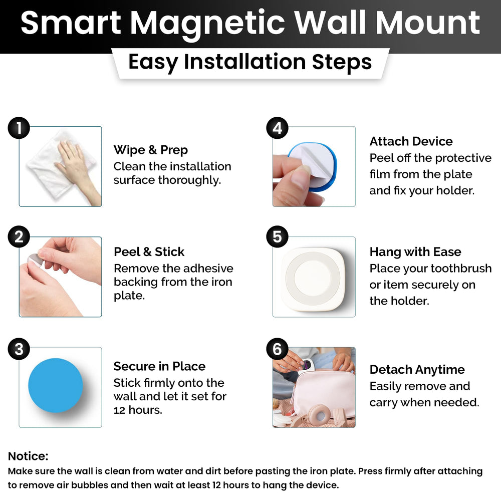 Compact magnetic wall mount design with adhesive-backed iron plate.