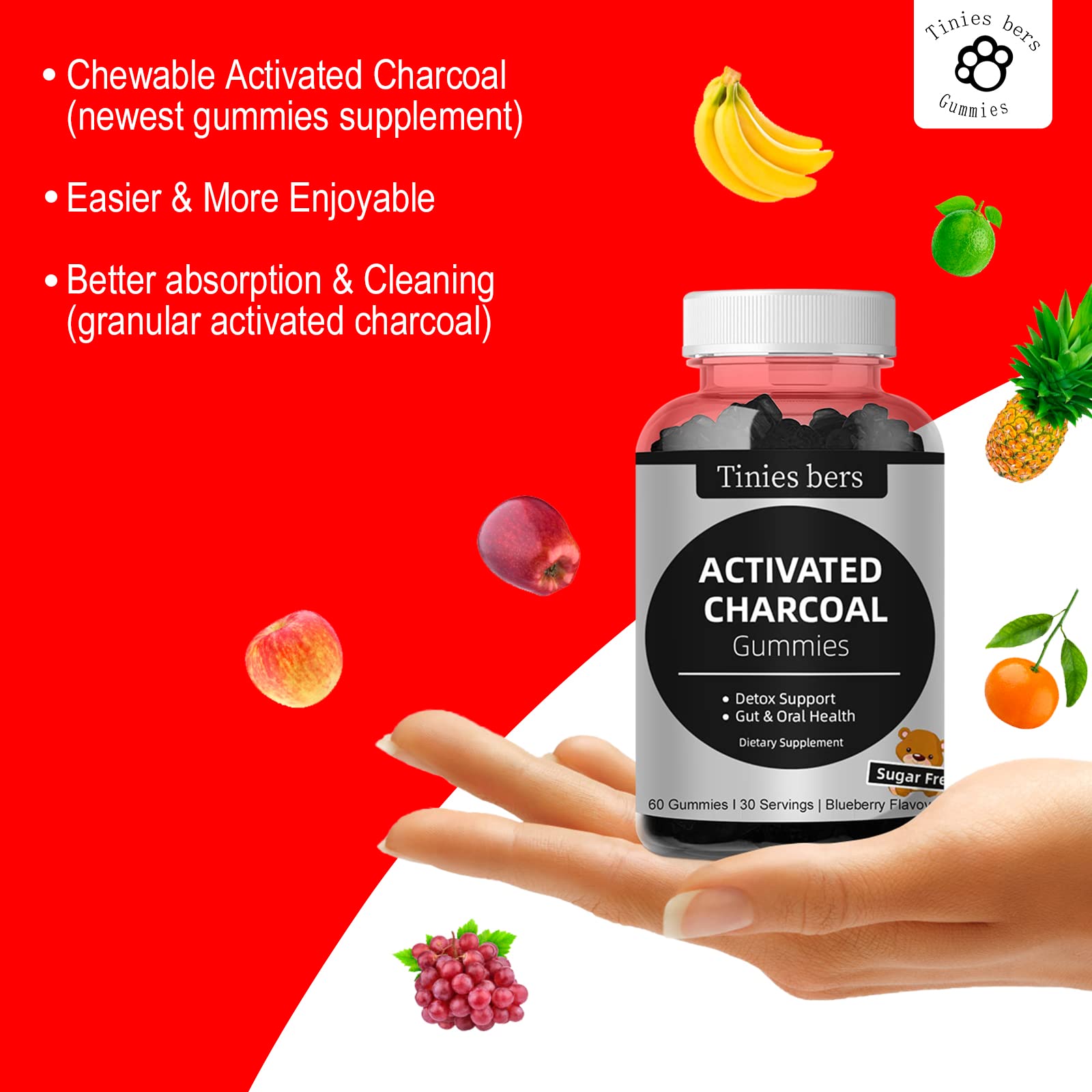 Graphic illustrating detox, gut and oral health benefits of activated charcoal