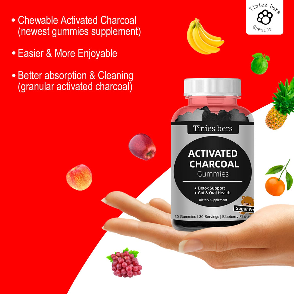 Graphic illustrating detox, gut and oral health benefits of activated charcoal