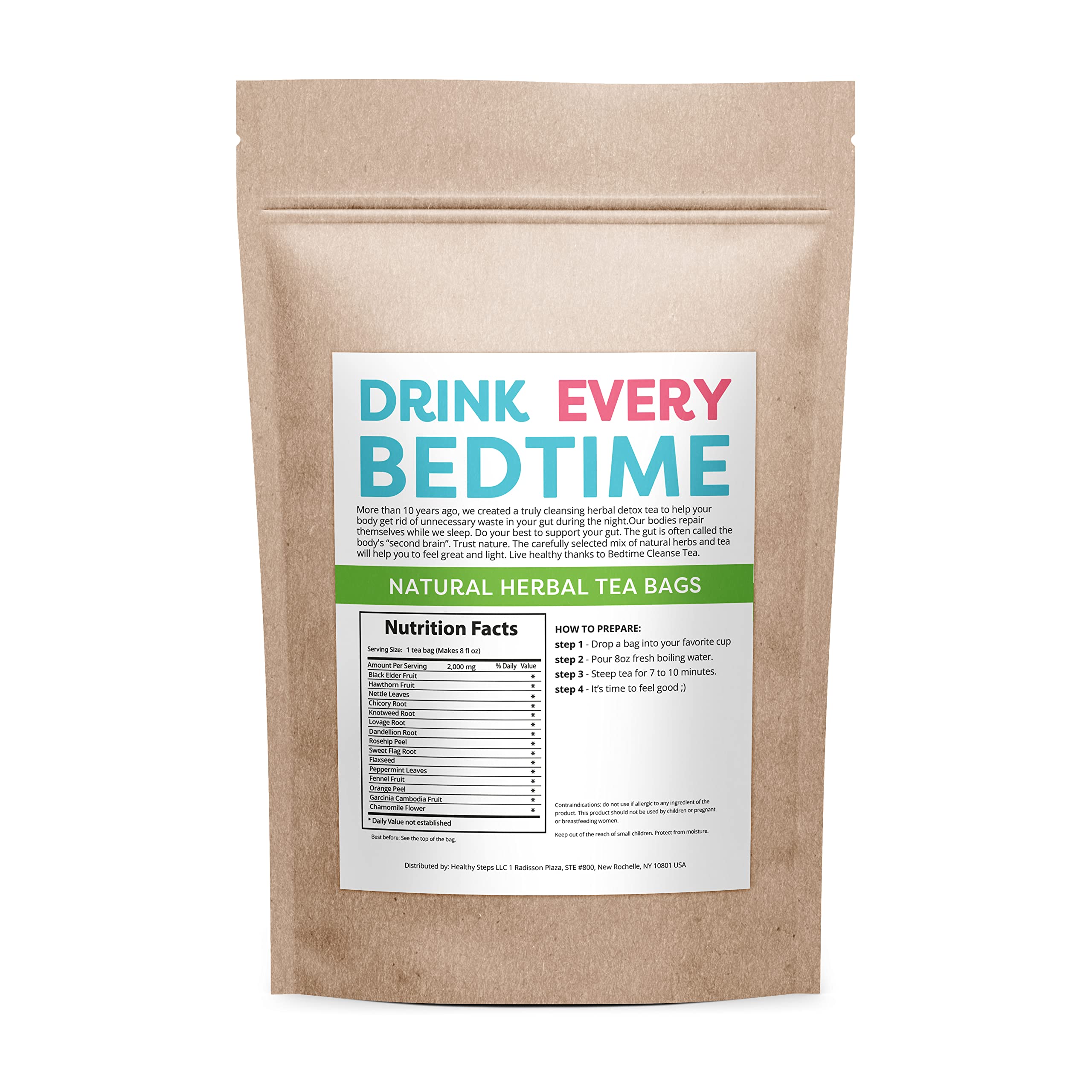 Detox Skinny Herb Tea Bedtime Cleanse bag shows gentle digestion support for night.