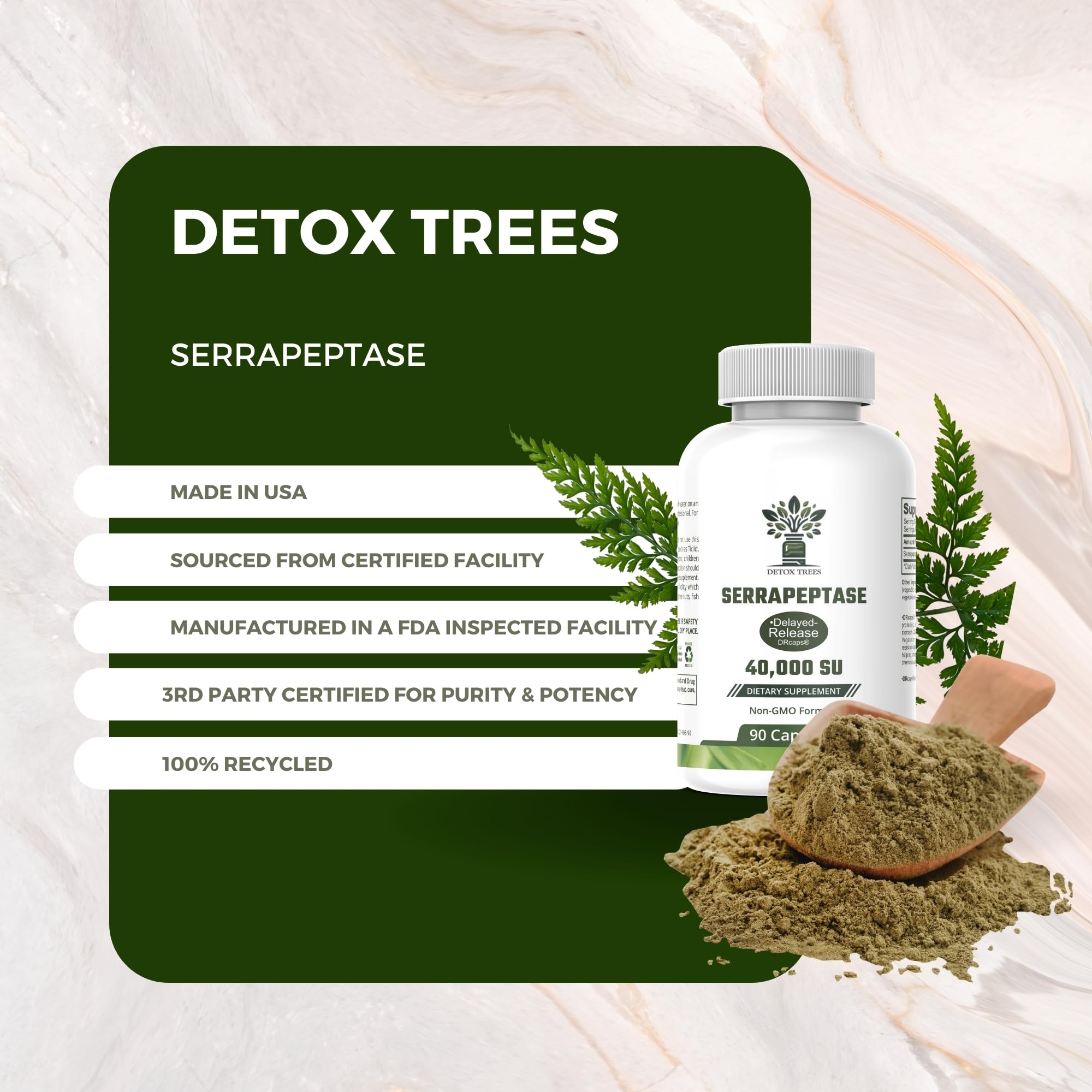 Pack shot showing Detox Trees Serrapeptase packaging and ingredients