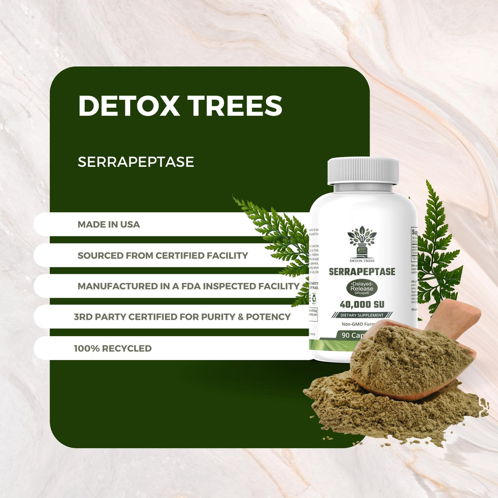 Pack shot showing Detox Trees Serrapeptase packaging and ingredients