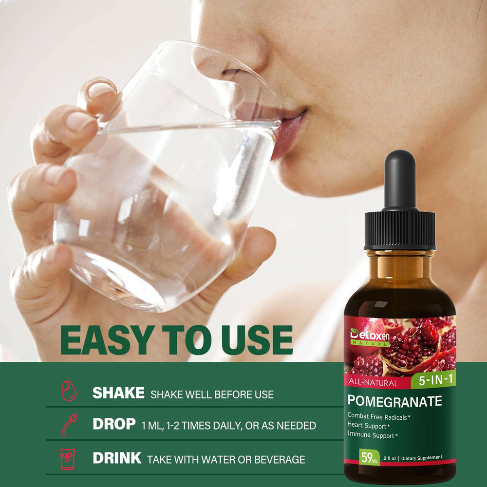 DetoxenNATURE pomegranate drops ingredient panel highlights natural antioxidants.