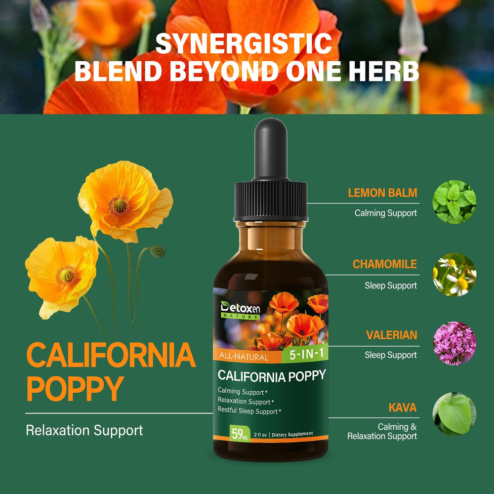Illustration of key ingredients: California Poppy, Lemon Balm, Kava