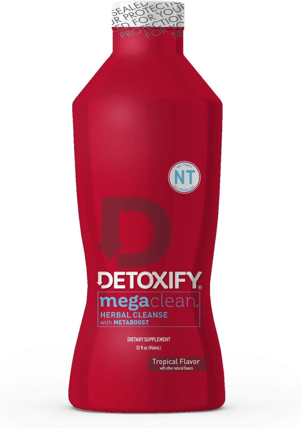 Detoxify Mega Clean NT tropical bottle pour for a refreshing cleanse.