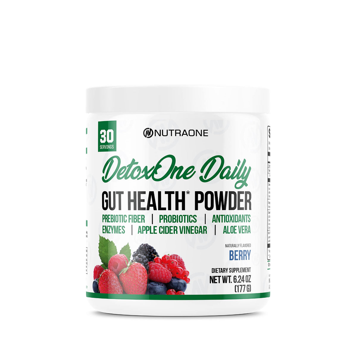 DetoxOne Daily Gut Health Powder bottle and scooper on white background