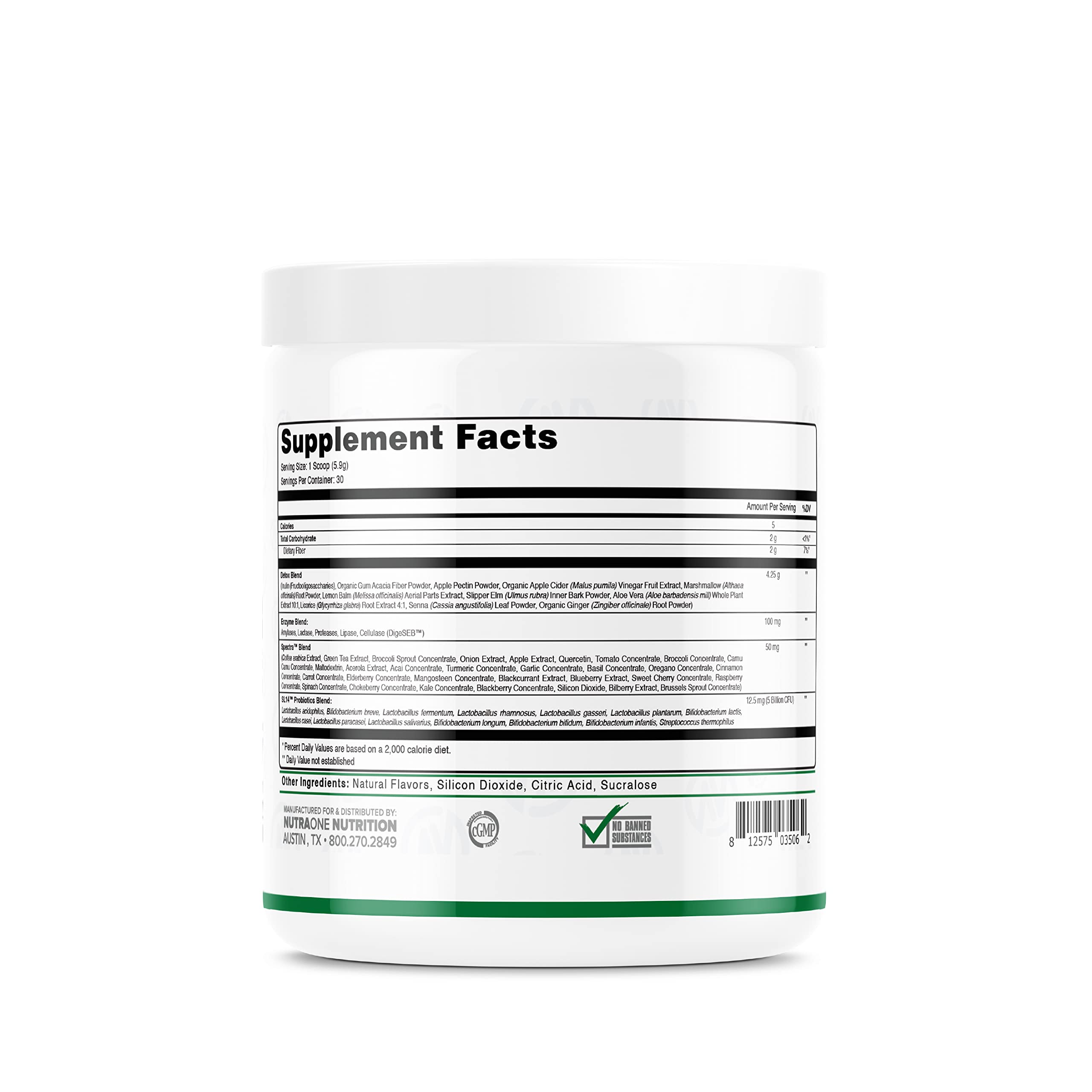 Close-up of DetoxOne powder being poured from a scoop