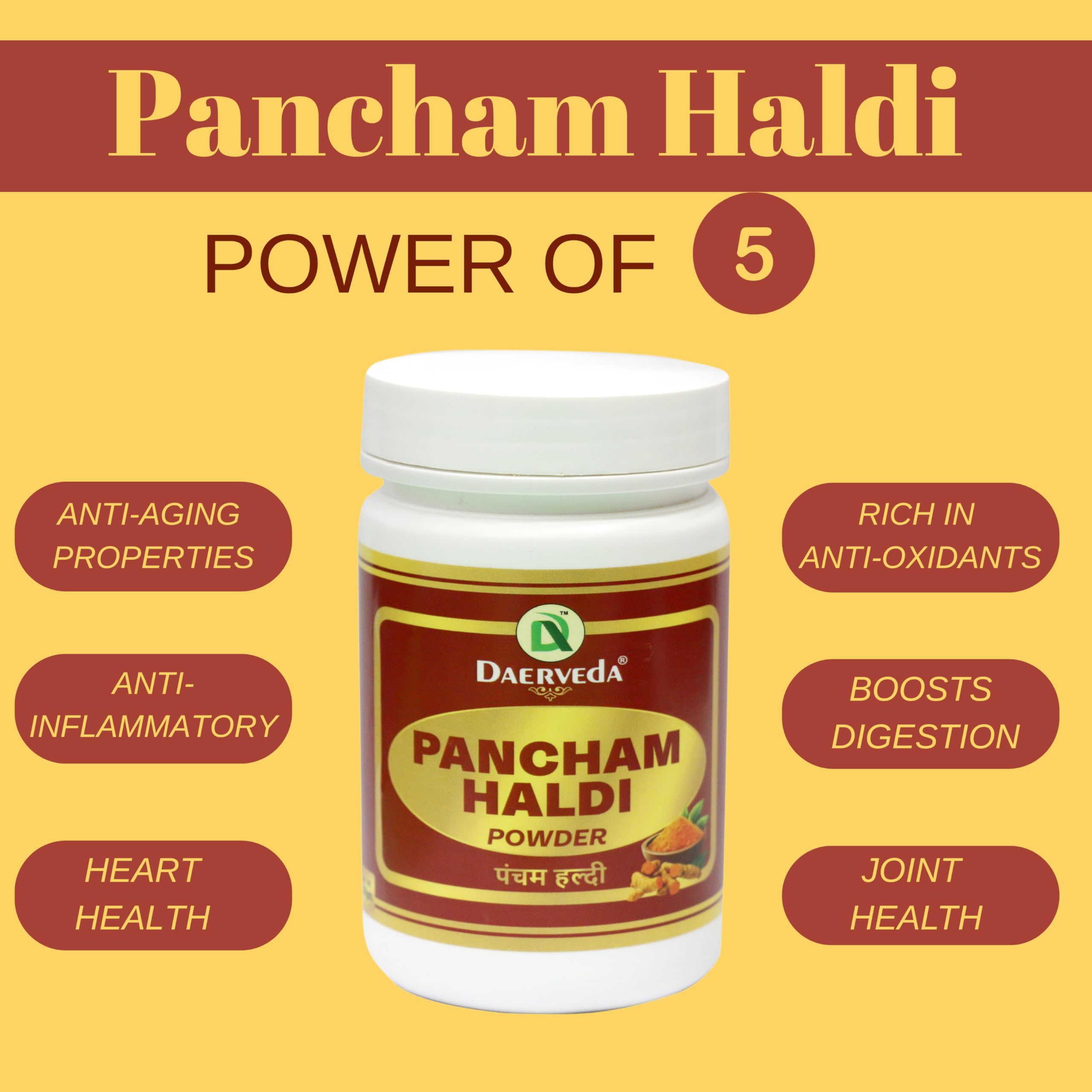 Dev Ayurveda Pancham Haldi Powder packaging and jar
