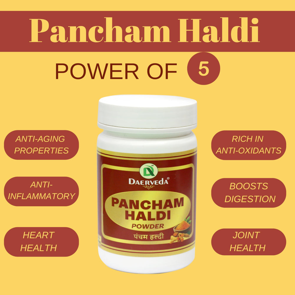 Dev Ayurveda Pancham Haldi Powder packaging and jar