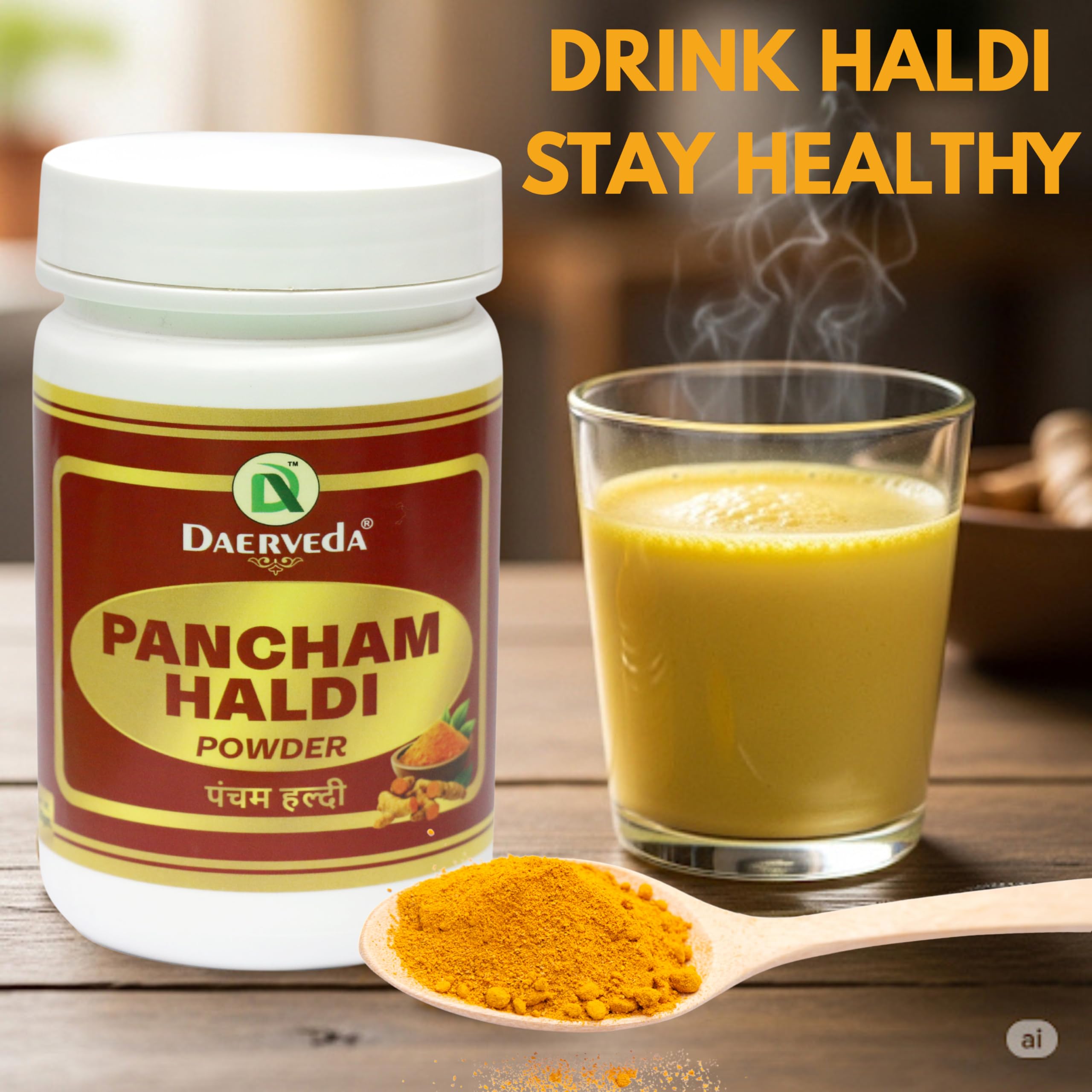 Scoop of Pancham Haldi powder with wooden spoon