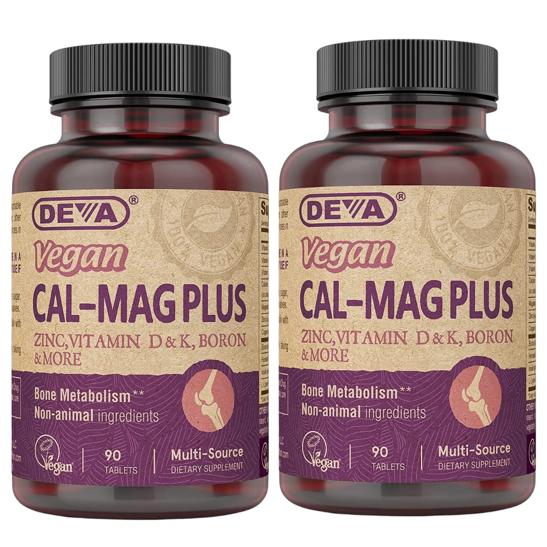 DEVA Vegan Calcium Magnesium Plus bottle with 90 tablets per bottle