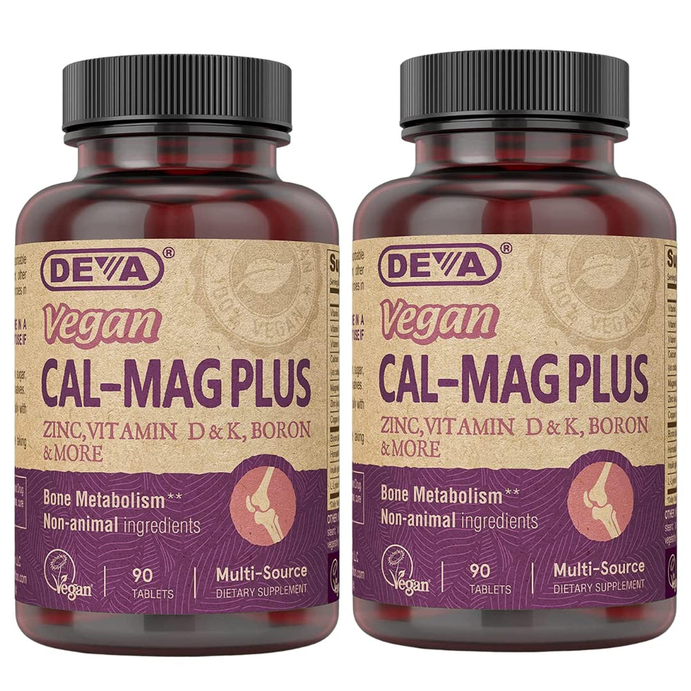 DEVA Vegan Calcium Magnesium Plus bottle with 90 tablets per bottle