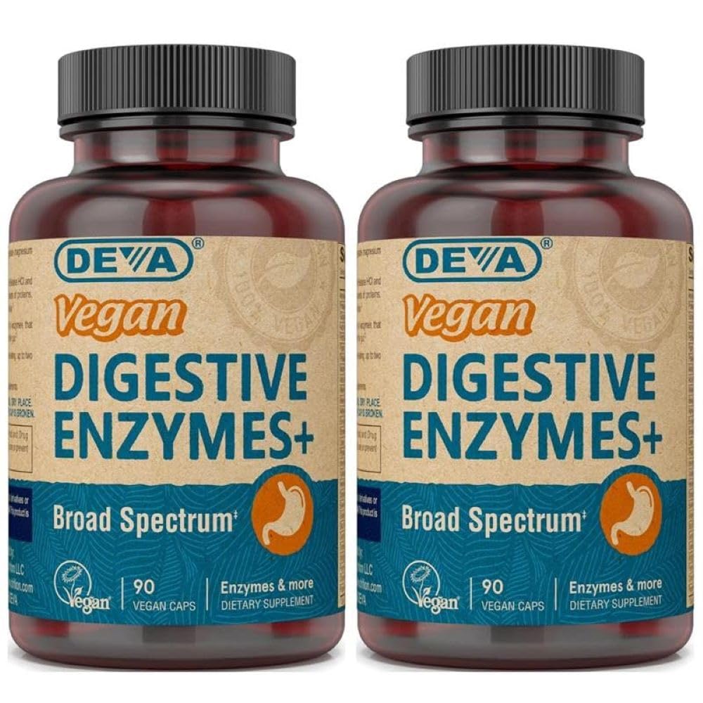 DEVA Digestive Enzymes+ bottle – all-vegan digestive enzyme supplement with herbs