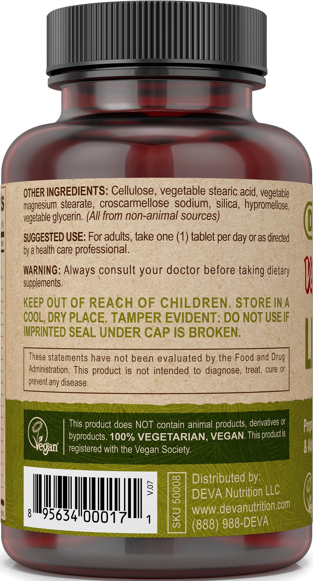 Close-up of DEVA Vegan Liver Support ingredients on the bottle label