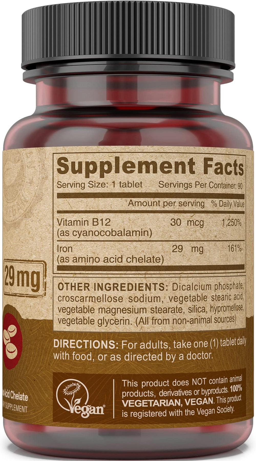 Vitamin B-12 fortified iron supplement label