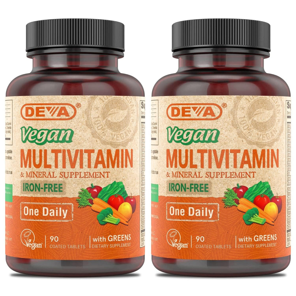 Front view of DEVA Vegan Multivitamin bottle with vegan certification