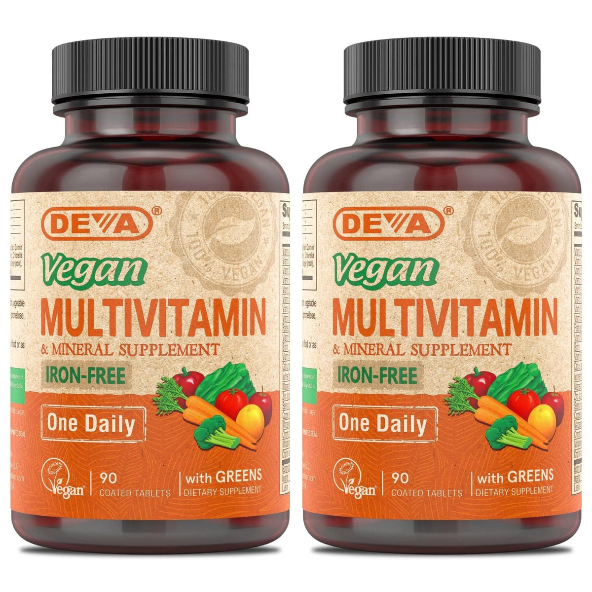 Front view of DEVA Vegan Multivitamin bottle with vegan certification