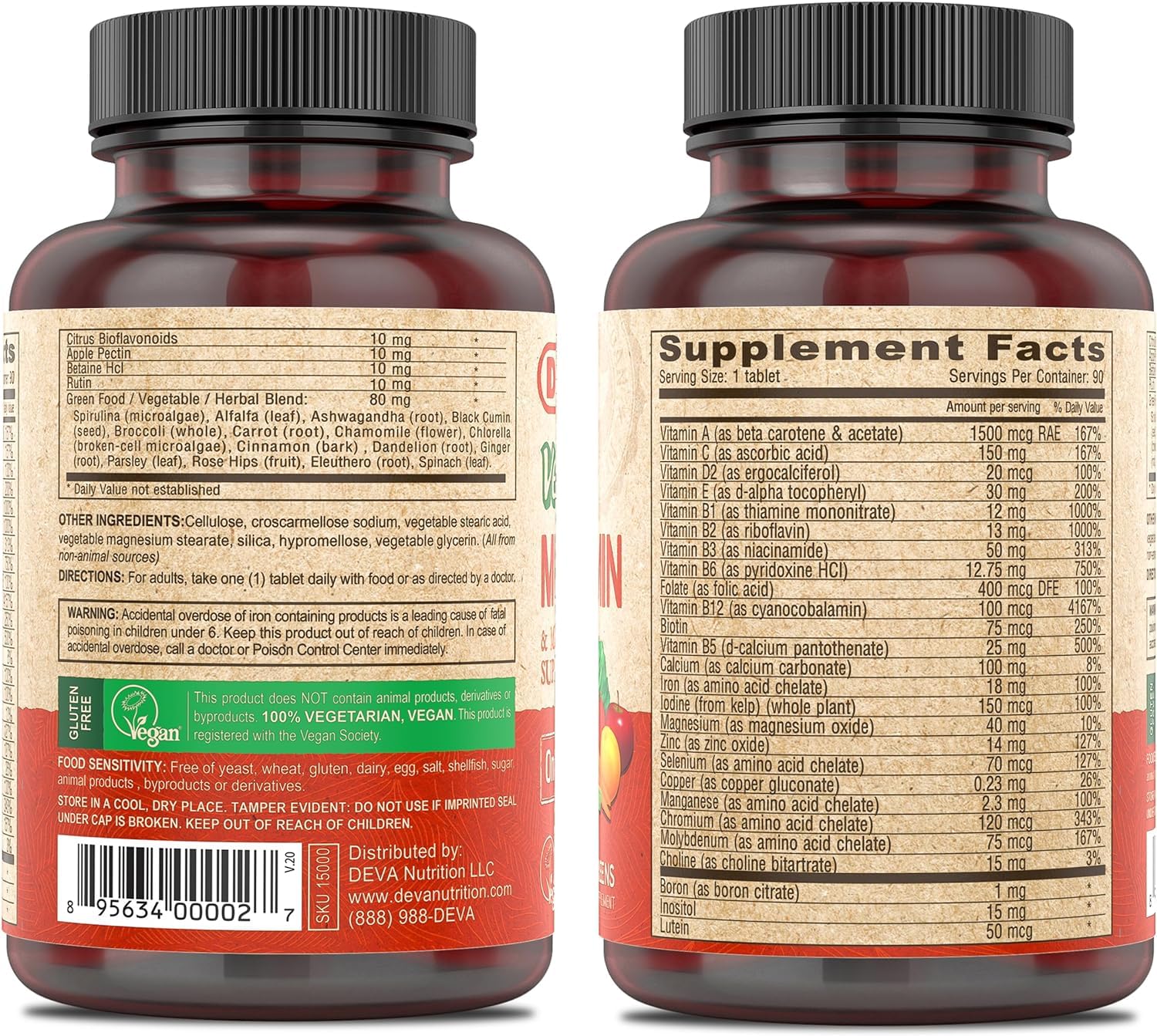 Close-up of the bottle label on DEVA vegan multivitamin 2-pack