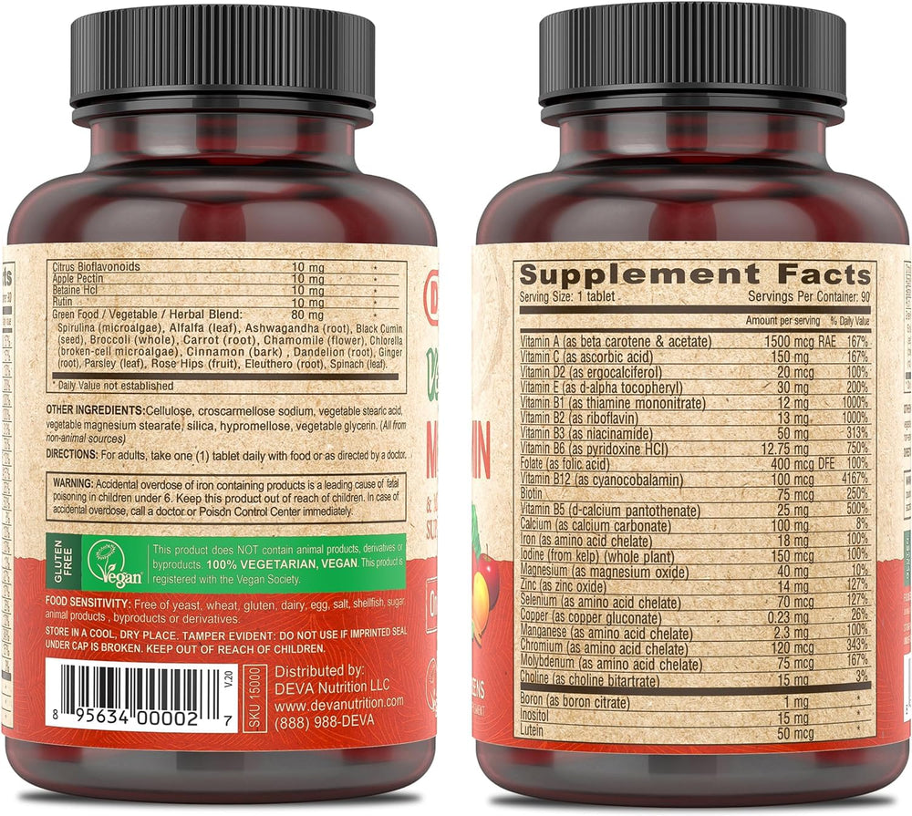 Close-up of the bottle label on DEVA vegan multivitamin 2-pack