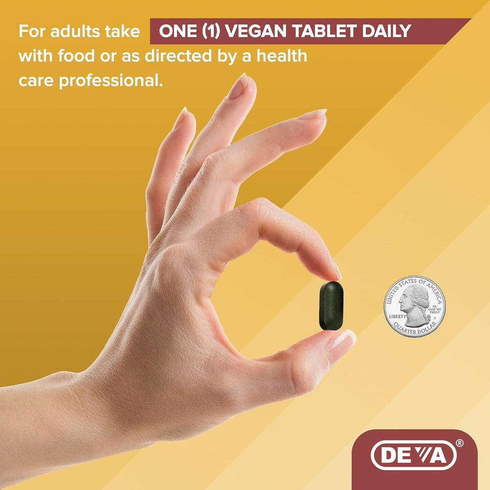 Daily dosage illustration for DEVA vegan multivitamin tablets